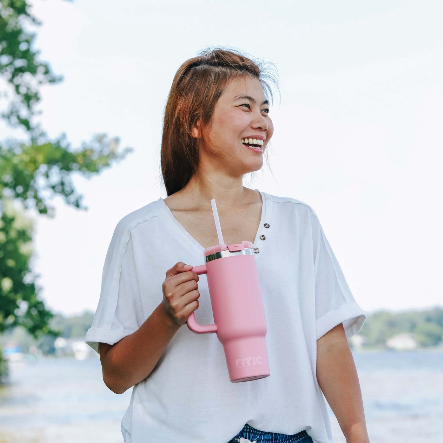 RTIC 40 oz Ceramic Lined Road Trip Tumbler with Handle and Leak-Resistant Straw Lid, Berry Jam