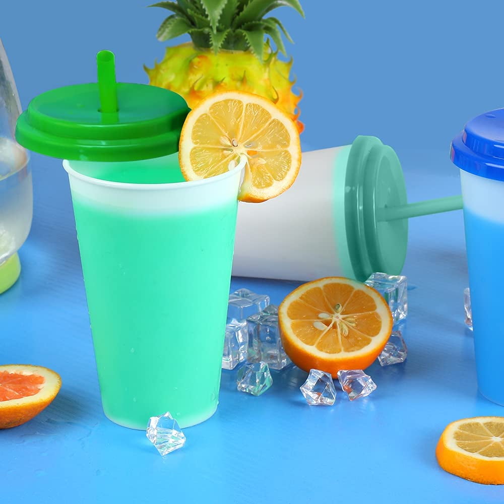 Nogis Plastic Cups with Lids and Straws 10Pack 12oz Reusable Color Changing Cups for Adult Kids Cold Coffee Drinking Tumblers Summer Party Cups