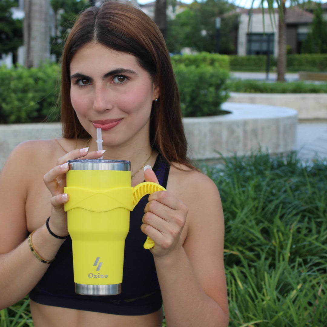 Ozizo 30oz Cup with Handle - 30 Ounce Tumbler with Handle - Tumbler with Straw 30 oz - Insulated Hot and Cold - Yellow Mustard Insulated Tumbler - Toddler Insulated Cup - Insulated Straw Cup