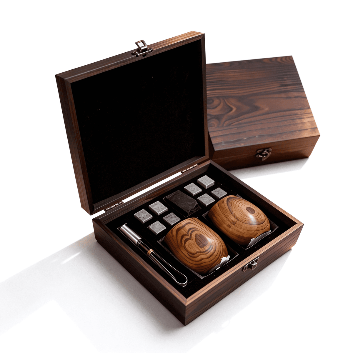 Natural Jujube Wood Whiskey Gift Set, 2 Handmade Unbreakable Wooden Tumblers with 8 Chilling Whiskey Stones, Tongs & Coasters, Insulated Barware Gift for Men, Husband, Dad, Bourbon Lovers