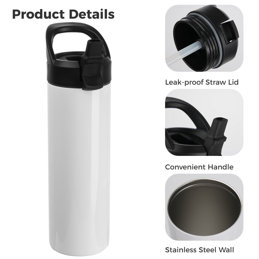 4PCS Sublimation Tumblers, 20oz Skinny Straight Sport Water Bottles with Straw Lids and Portable Handles, Blank Stainless Steel Double-Wall Insulated Cups for DIY