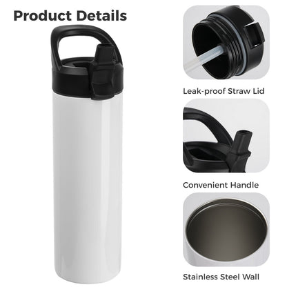 4PCS Sublimation Tumblers, 20oz Skinny Straight Sport Water Bottles with Straw Lids and Portable Handles, Blank Stainless Steel Double-Wall Insulated Cups for DIY