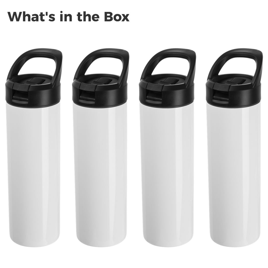 4PCS Sublimation Tumblers, 20oz Skinny Straight Sport Water Bottles with Straw Lids and Portable Handles, Blank Stainless Steel Double-Wall Insulated Cups for DIY