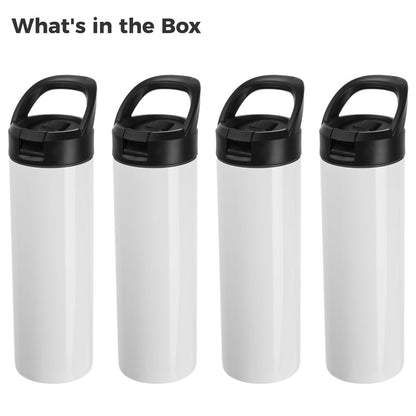 4PCS Sublimation Tumblers, 20oz Skinny Straight Sport Water Bottles with Straw Lids and Portable Handles, Blank Stainless Steel Double-Wall Insulated Cups for DIY