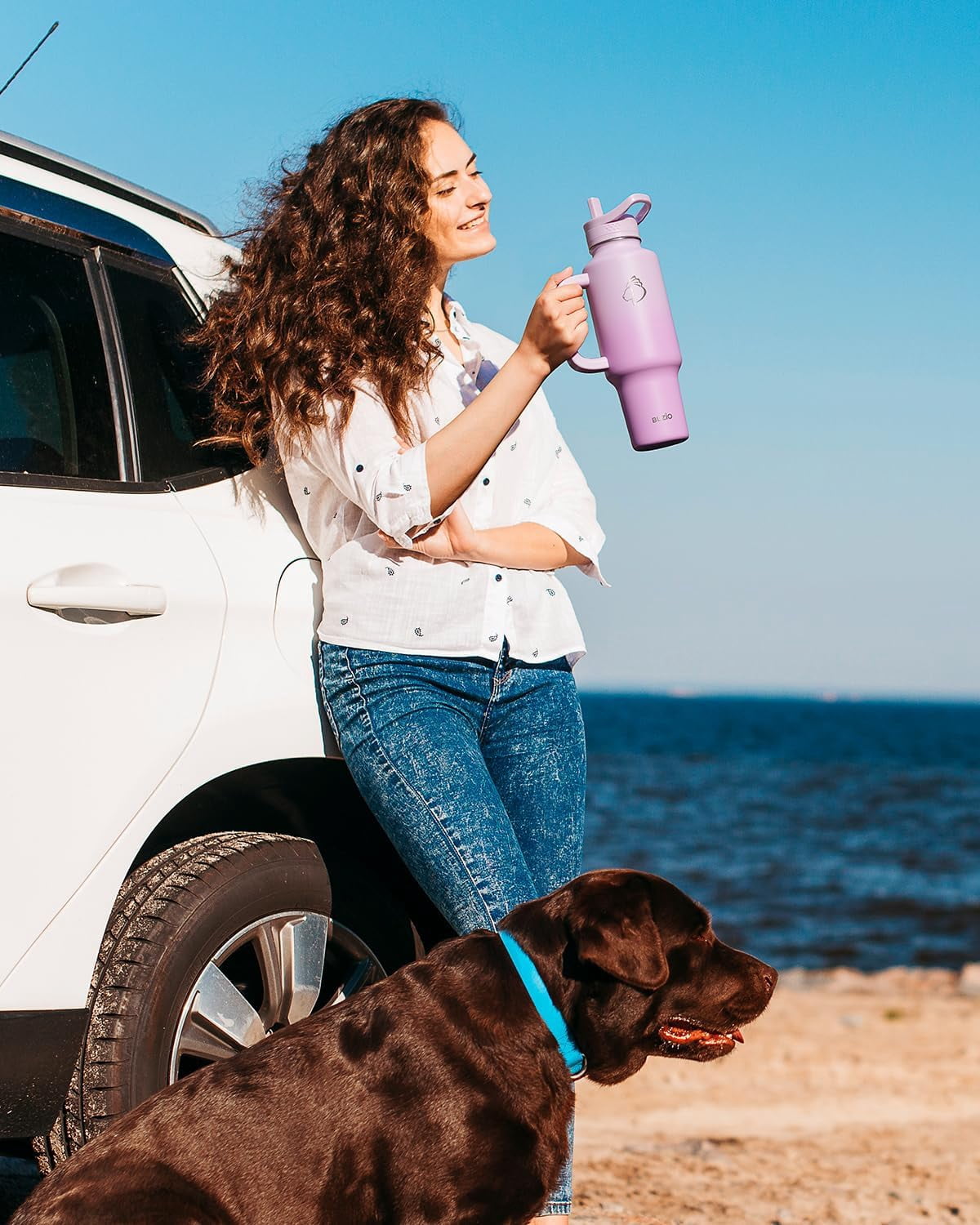 BUZIO 40 oz Water Bottle Fits in Cup Holder Insulated Tumbler with Handle Water Flask with 2 Lids Wide Mouth Travel Mug,Gradient Pink