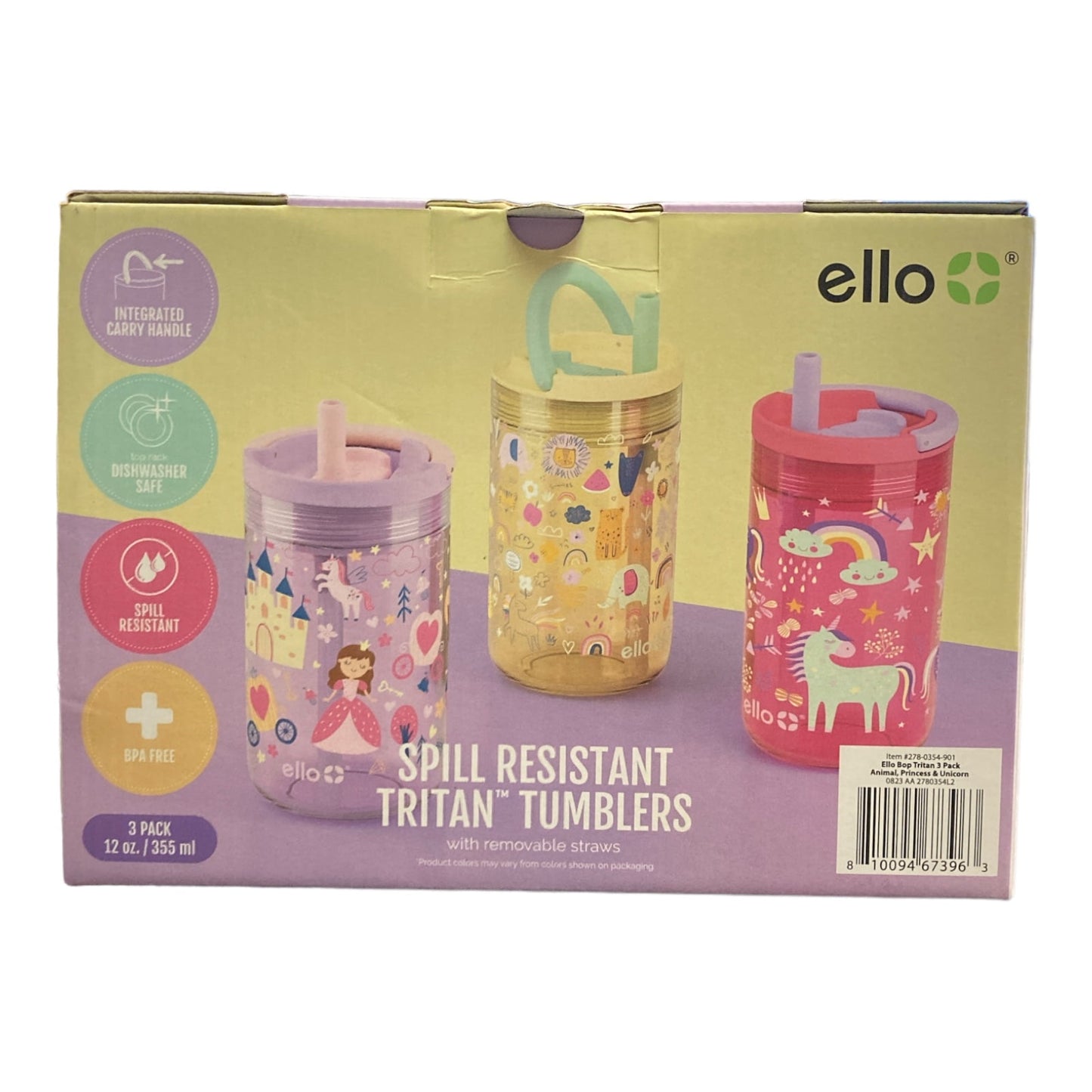 Ello 12 Oz Animal Princess & Unicorn Spill Proof PlasticTumbler Glasses (set of 3)