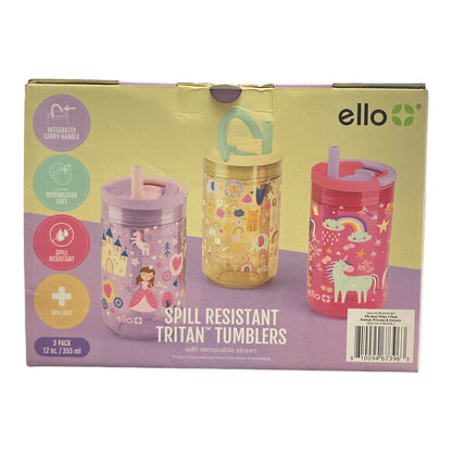 Ello 12 Oz Animal Princess & Unicorn Spill Proof PlasticTumbler Glasses (set of 3)