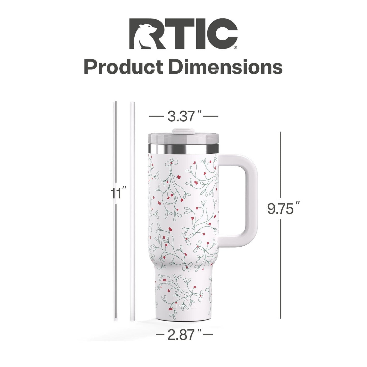 RTIC 30 oz Ceramic Lined Road Trip Tumbler, Leak-Resistant Straw Lid, Christmas, Holiday, Mistletoe