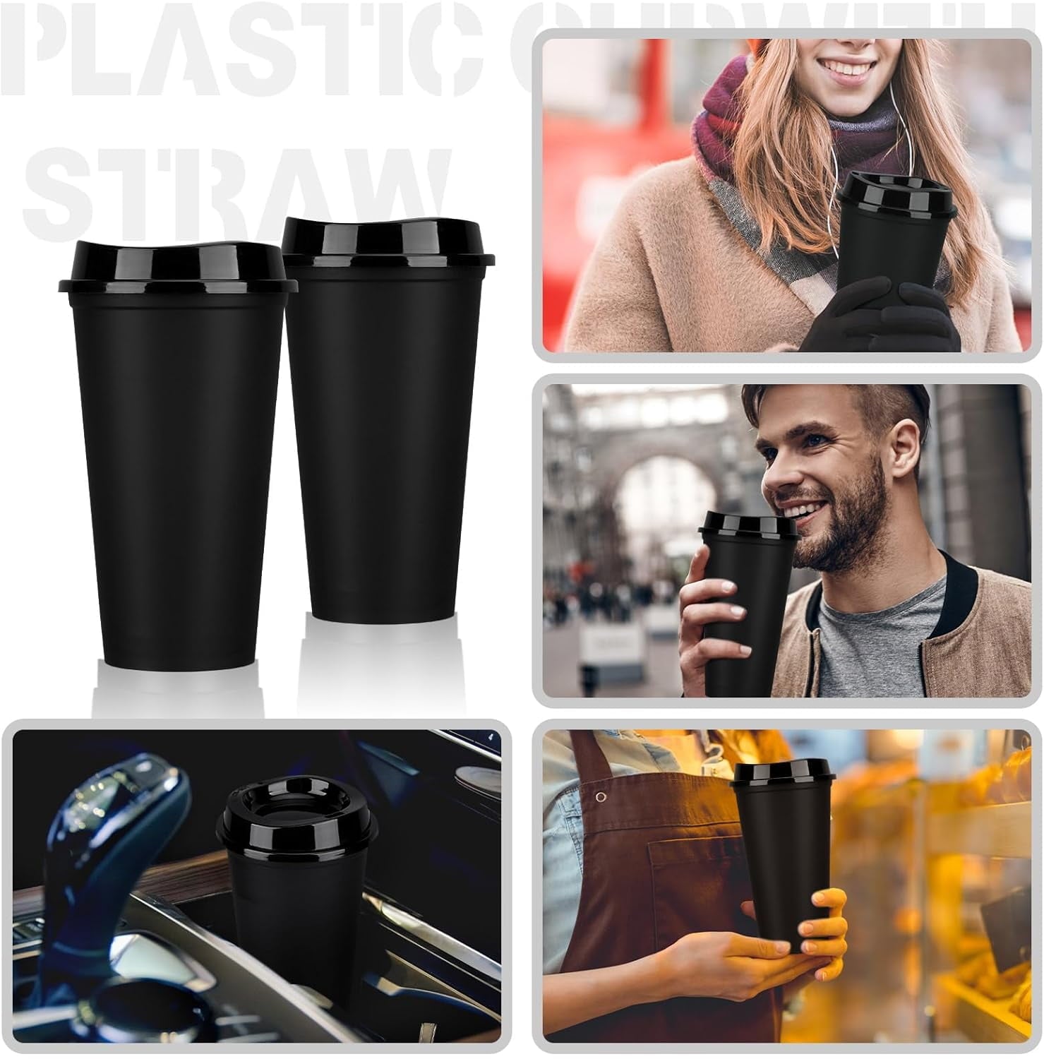 24 Pack Reusable Coffee Cups with Lids 16 oz To Go Travel Cups with Lids Travel Mugs Plastic Tumblers Reusable Coffee Tumblers for Hot and Cold Drinks, Black