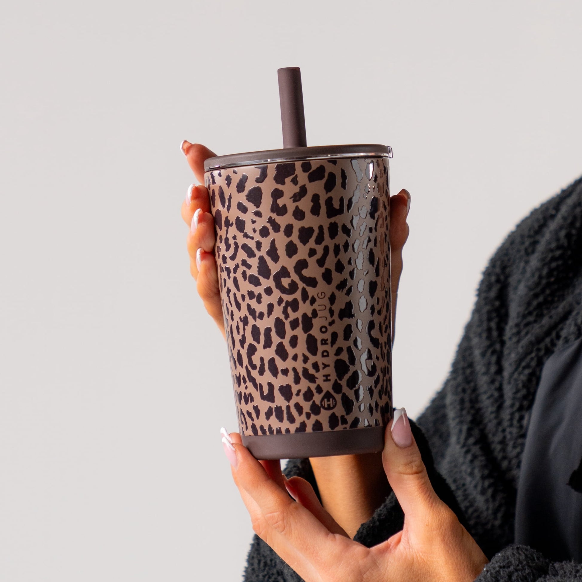HydroJug Everyday Tumbler – Ceramic-Lined Insulated Tumbler with Straw and Soft-Touch Lid, Cup Holder Friendly – 14 oz, Brown Leopard