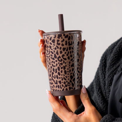 HydroJug Everyday Tumbler – Ceramic-Lined Insulated Tumbler with Straw and Soft-Touch Lid, Cup Holder Friendly – 14 oz, Brown Leopard
