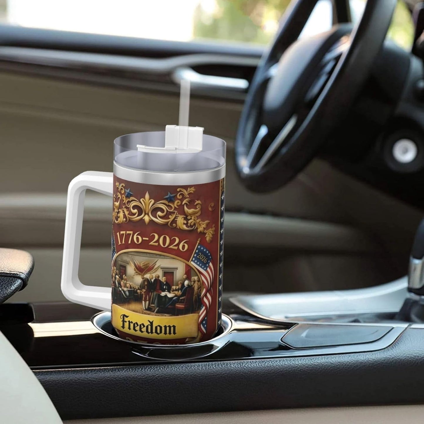 US250th Anniversary Commemorative Insulated Travel Mug with Handle and Straw, 1776-2026 Design, Stainless Steel Tumbler with Lid
