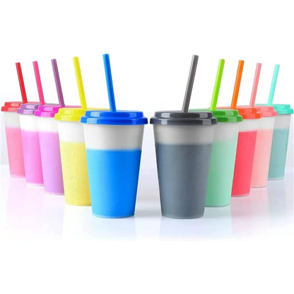 NOGIS 12oz Color Changing Cups Plastic Tumblers with Lids and Straws for Kids Spill Proof, 10pcs Reusable Summer Cold Drink Cups,Iced Coffee Tumblers/Party Cup