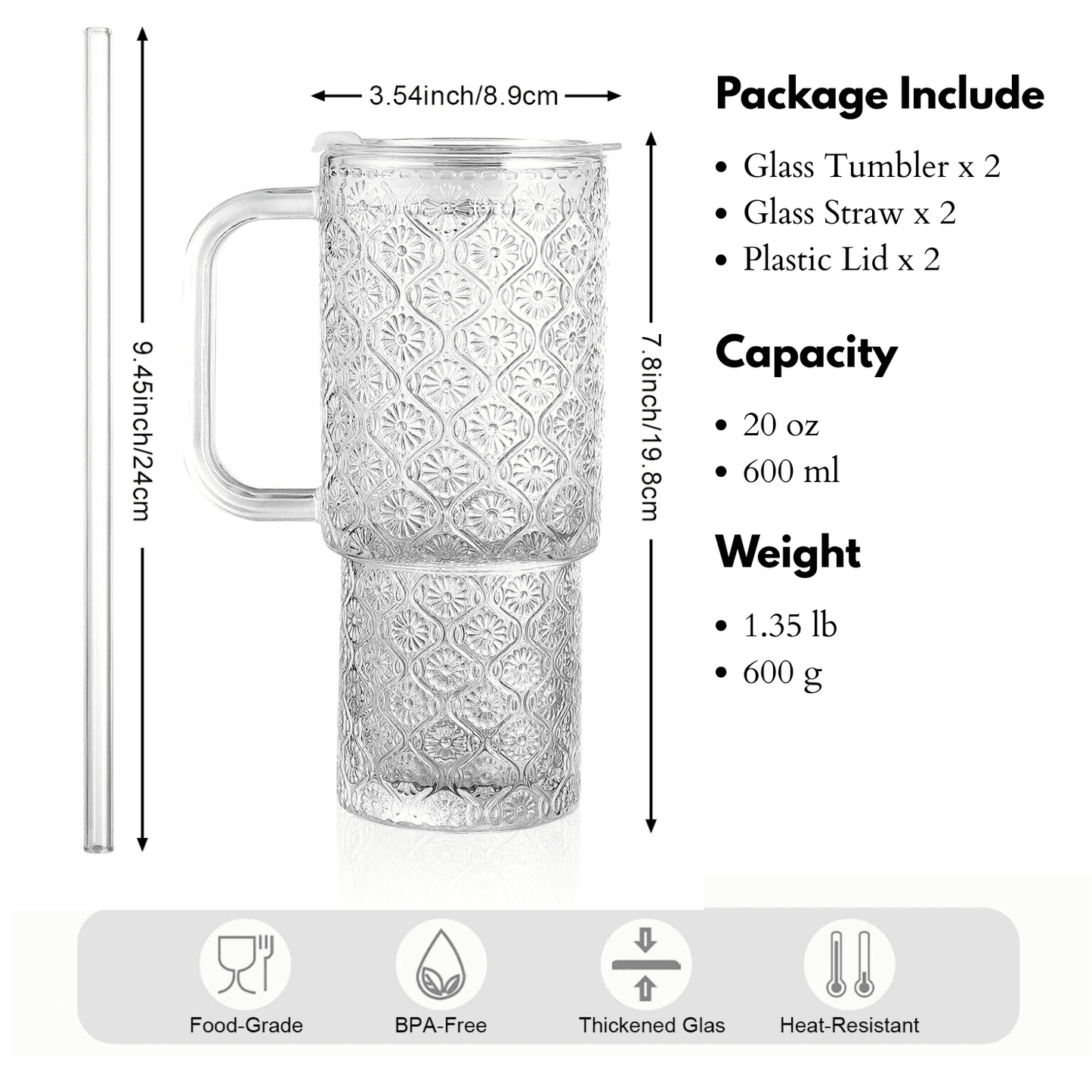 20 oz Glass Tumbler with Lid and Straw, Glass Iced Coffee Cups, Spill-proof Glasses Tumbler with Handle, Glasses Drinking Set of 4, Vintage Glassware for Cocktail, Juice, Smoothies