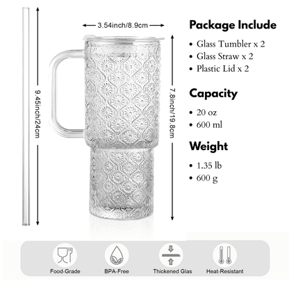 20 oz Glass Tumbler with Lid and Straw, Glass Iced Coffee Cups, Spill-proof Glasses Tumbler with Handle, Glasses Drinking Set of 4, Vintage Glassware for Cocktail, Juice, Smoothies