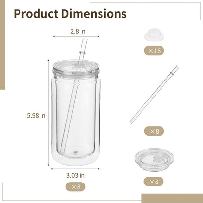 8 Pcs 16 fl oz Plastic Tumblers with Lids and Straws, Double Wall Tumbler with Pre Drilled Hole Bulk Snow Globe Cups, Reusable Mason Cup with Silicone Plugs for Cold Drinks, DIY, Parties