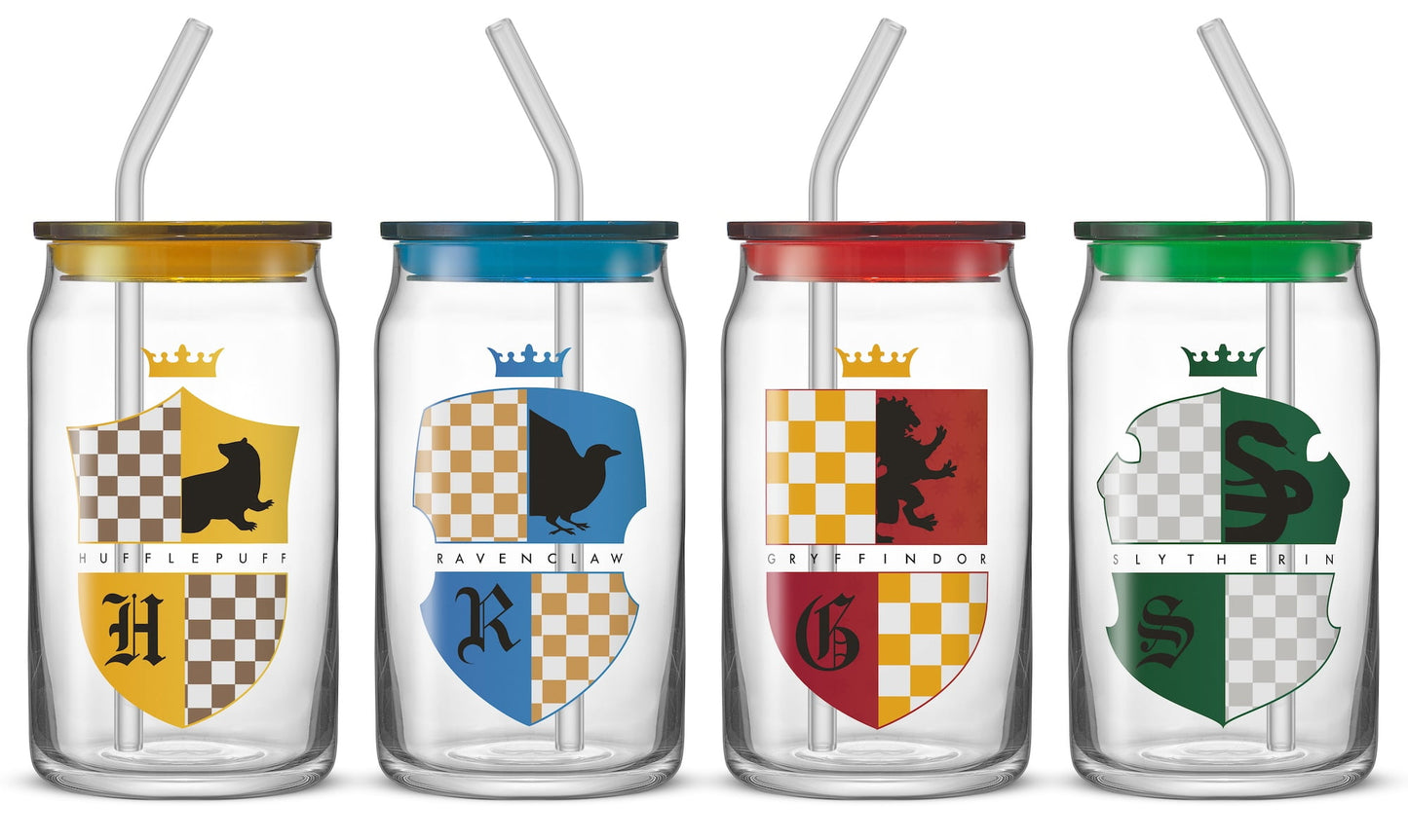 Harry Potter House Crests Tumbler Glasses with Lids, 16-Ounce, Set of 4