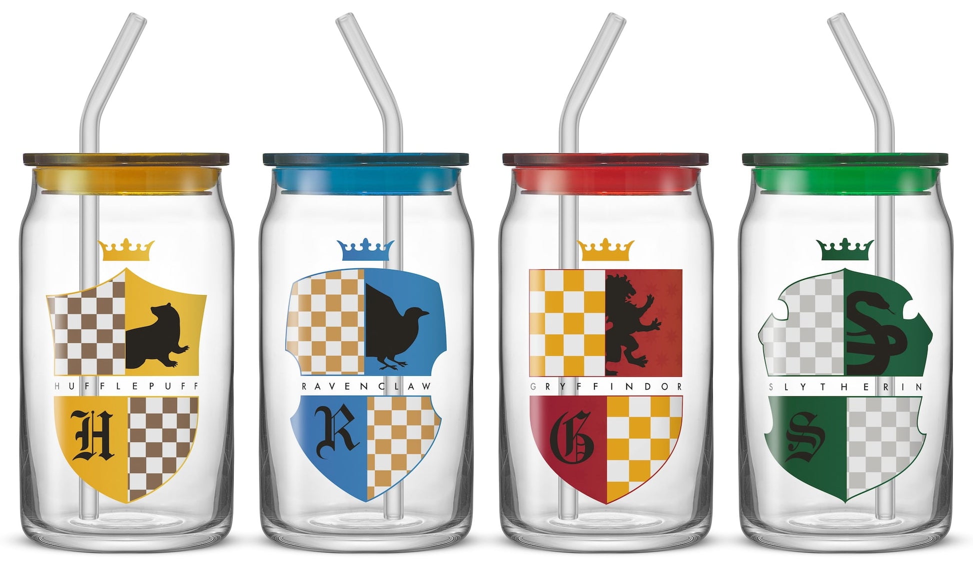 Harry Potter House Crests Tumbler Glasses with Lids, 16-Ounce, Set of 4
