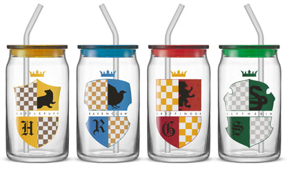 Harry Potter House Crests Tumbler Glasses with Lids, 16-Ounce, Set of 4
