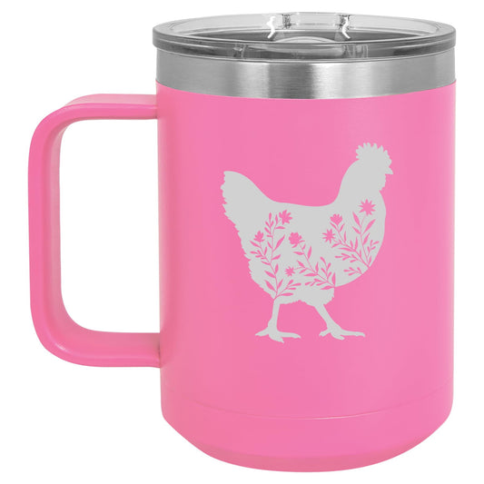 15 oz Tumbler Coffee Mug Travel Cup With Handle & Lid Vacuum Insulated Stainless Steel Floral Chicken (Hot Pink)