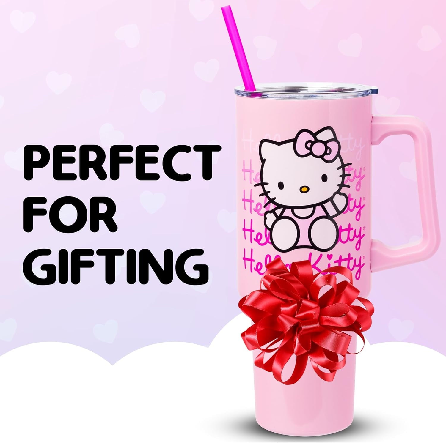 Silver Buffalo Sanrio Hello Kitty Waving Stainless Steel Tumbler with Handle and Straw, Fits in Standard Cup Holder, 40 Ounces