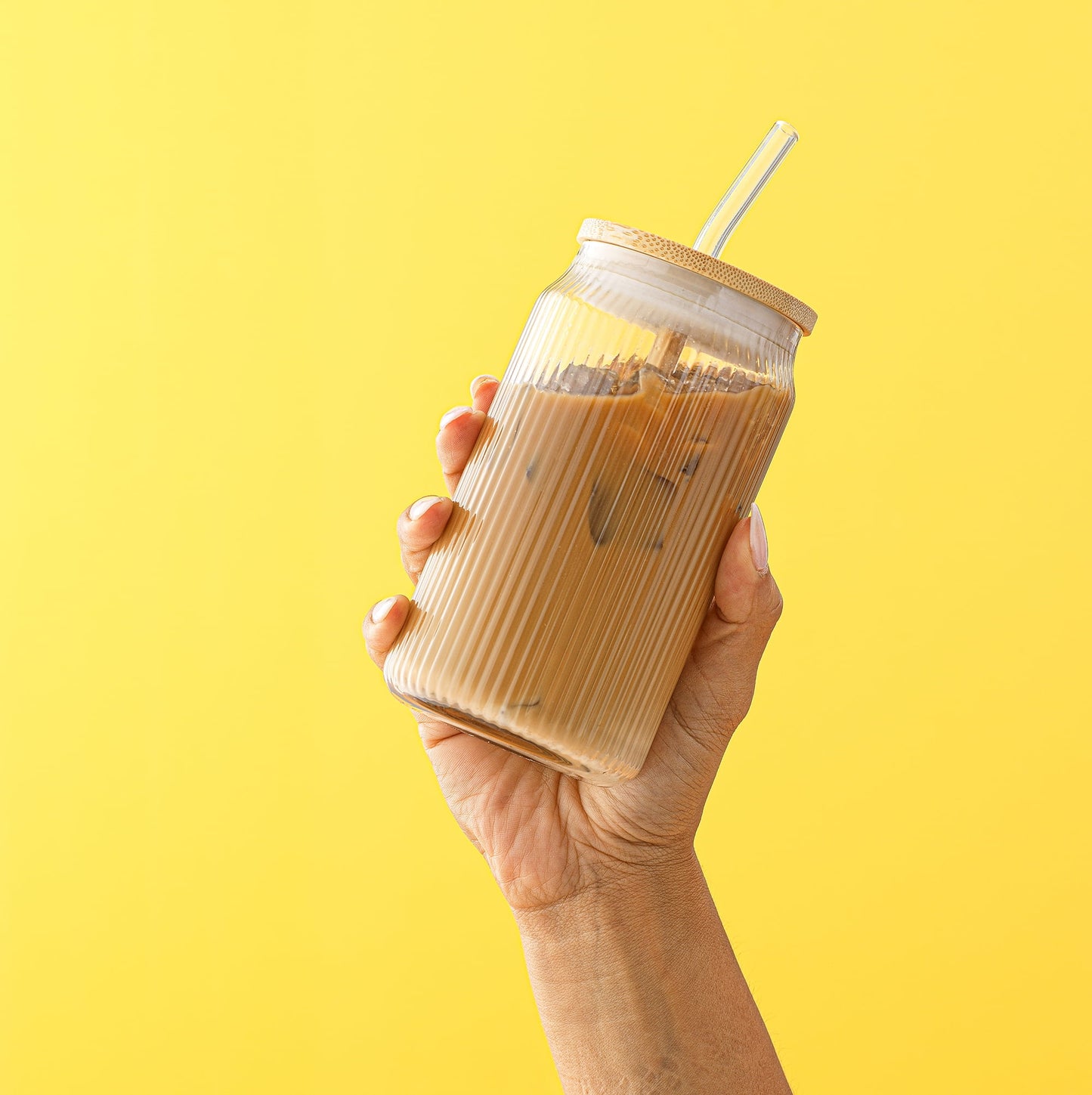 Fluted Glass Tumblers with Bamboo Lids and Straws - 16 oz - Set of 4