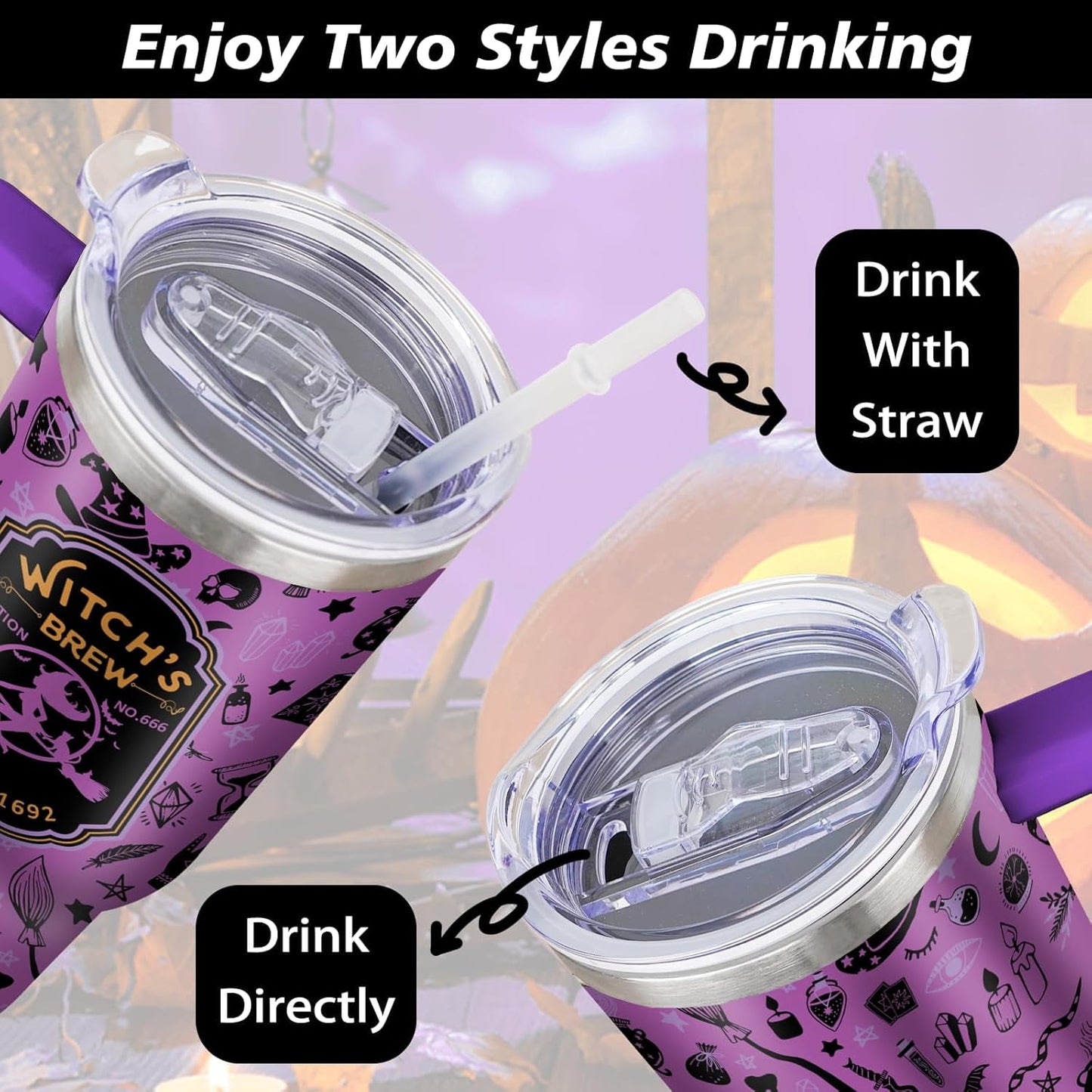 Halloween Tumbler 40 oz Halloween Tumblers with Handle and Straw Purple Witchy Stainless Steel Insulated Coffee Cups Mugs Halloween Gifts Stuff for Women Girls