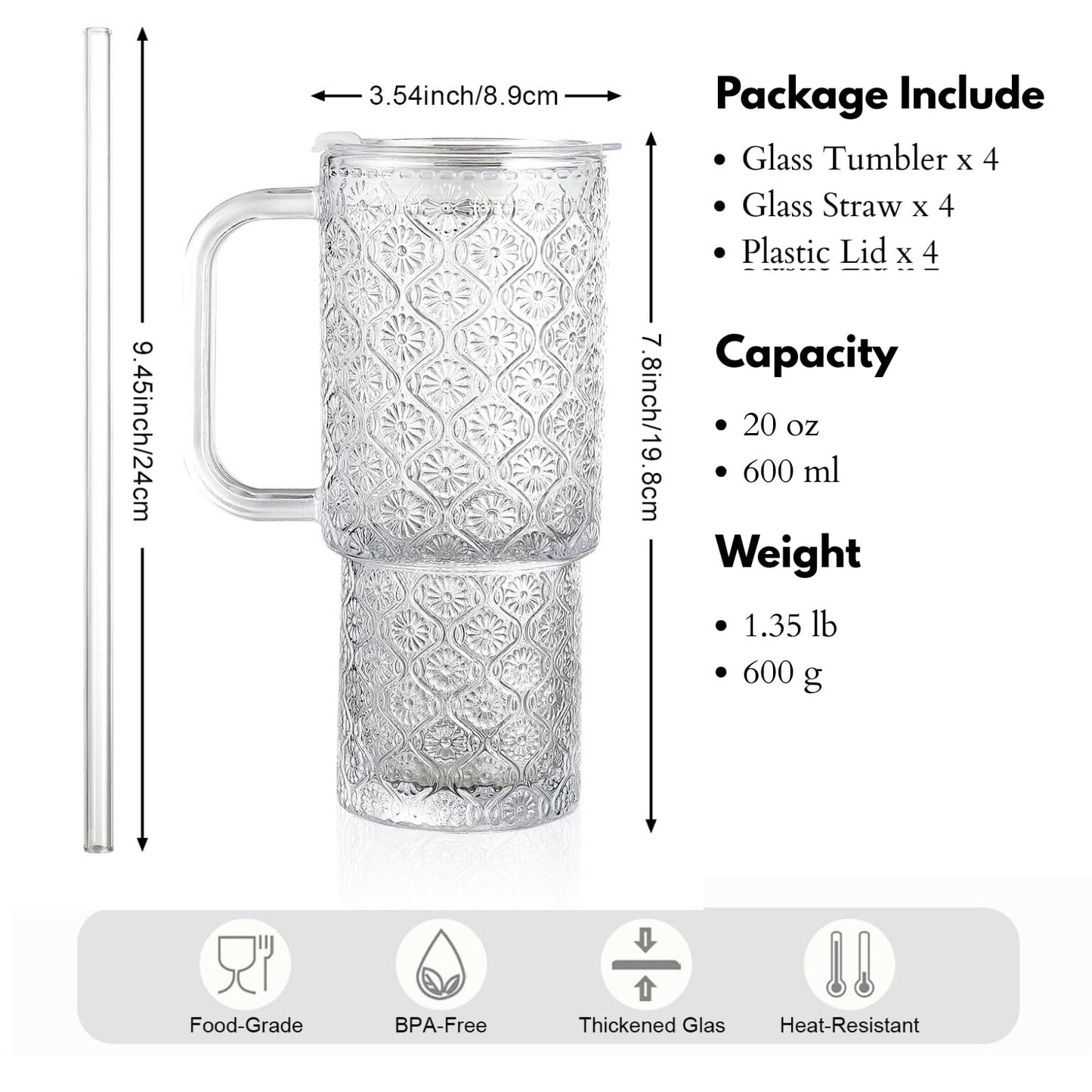 20 oz Glass Tumbler with Lid and Straw, Glass Iced Coffee Cups, Spill-proof Glasses Tumbler with Handle, Glasses Drinking Set of 4, Vintage Glassware for Cocktail, Juice, Smoothies