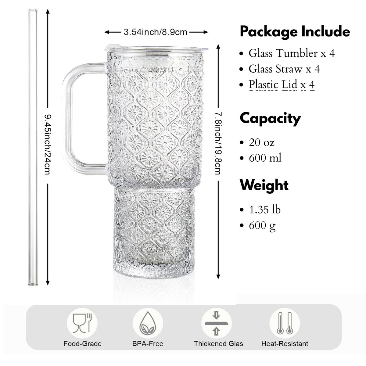 20 oz Glass Tumbler with Lid and Straw, Glass Iced Coffee Cups, Spill-proof Glasses Tumbler with Handle, Glasses Drinking Set of 4, Vintage Glassware for Cocktail, Juice, Smoothies