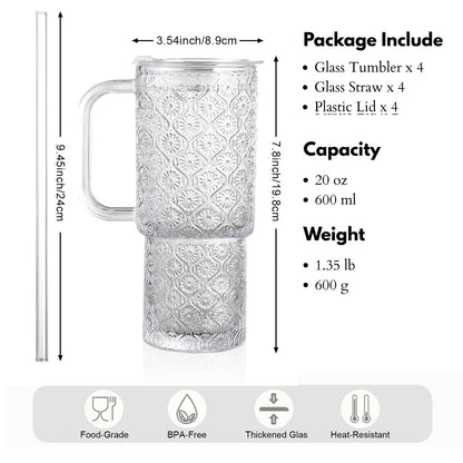 20 oz Glass Tumbler with Lid and Straw, Glass Iced Coffee Cups, Spill-proof Glasses Tumbler with Handle, Glasses Drinking Set of 4, Vintage Glassware for Cocktail, Juice, Smoothies