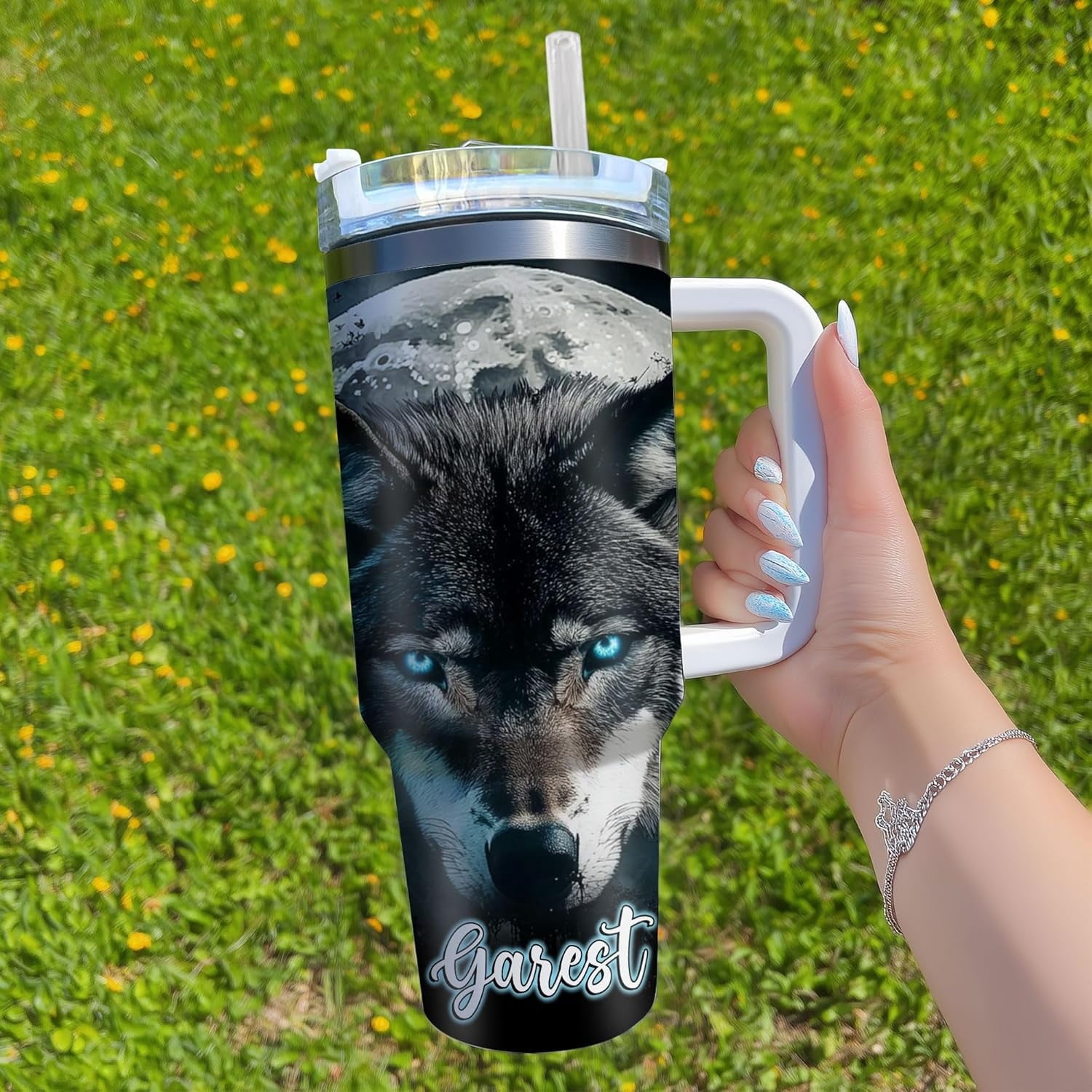 Personalized Wolf Tumbler 40oz with Handle & Straw - Wolf Lovers Gifts - Animal Lover Gifts - Present for Men Women on Birthday Christmas -Custom Name Stainless Steel Travel Coffee Cup