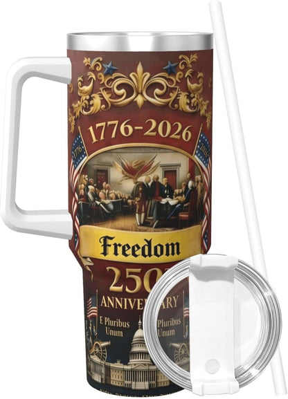 US250th Anniversary Commemorative Insulated Travel Mug with Handle and Straw, 1776-2026 Design, Stainless Steel Tumbler with Lid