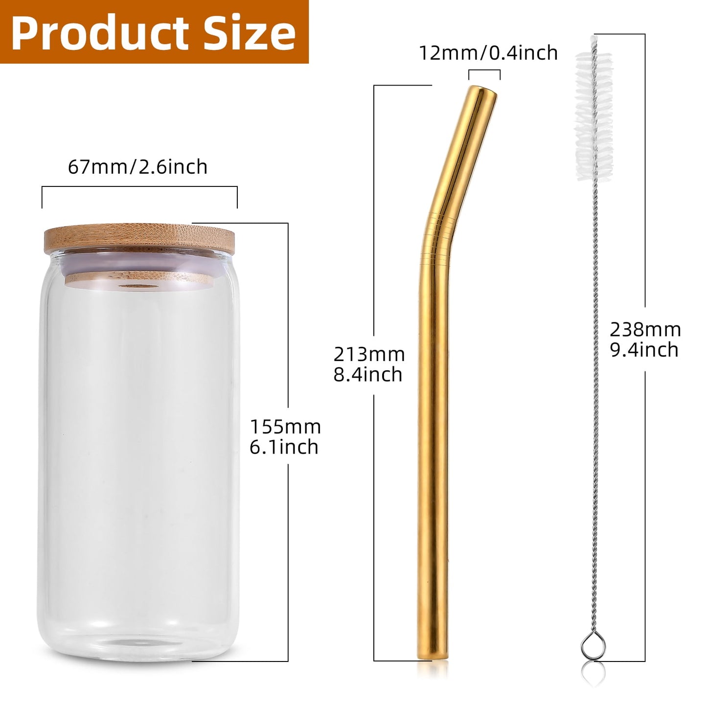4 Pcs Drinking Glasses  with Bamboo Lids and Stainless Steel Straws - 16 oz Can Shaped Glasses, Lovely Tumbler Cups for Cocktails, Beer, Iced Coffee, Soda, Boba Tea, Including 1 Cleaning Brushe.