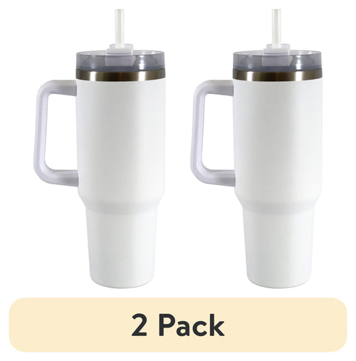 (2 pack) Mainstays 40 oz Stainless Steel Tumbler with Straw and Handle, Double Wall Insulated, White