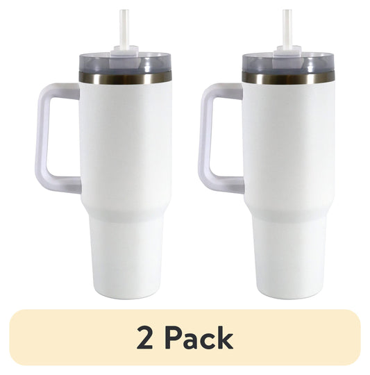 (2 pack) Mainstays 40 oz Stainless Steel Tumbler with Straw and Handle, Double Wall Insulated, White