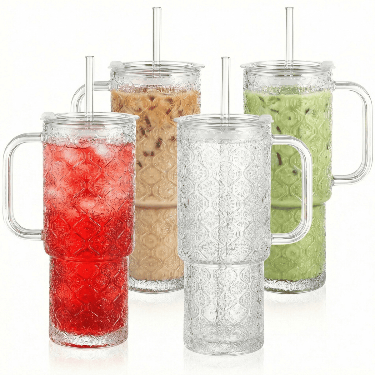 20 oz Glass Tumbler with Lid and Straw, Glass Iced Coffee Cups, Spill-proof Glasses Tumbler with Handle, Glasses Drinking Set of 4, Vintage Glassware for Cocktail, Juice, Smoothies