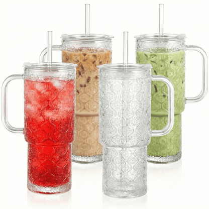 20 oz Glass Tumbler with Lid and Straw, Glass Iced Coffee Cups, Spill-proof Glasses Tumbler with Handle, Glasses Drinking Set of 4, Vintage Glassware for Cocktail, Juice, Smoothies