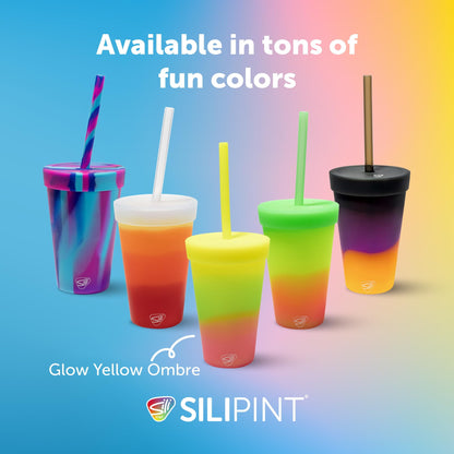 Silipint 16oz Silicone Tumbler with Straw Lid – Unbreakable, Non-Toxic, Dishwasher Safe & Spill Proof Tumbler – Leakproof Travel Mug for Coffee, Juice, Cocktail, Pack of 4, Ombre Glow Yellow