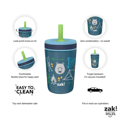 Zak Designs 12oz and 15oz Kelso Straw Tumbler Set, 12oz Stainless Steel and 15oz Plastic, 2 Cups and 1 Bonus Straw, Leakproof and Perfect for Kids, Campout and Camping