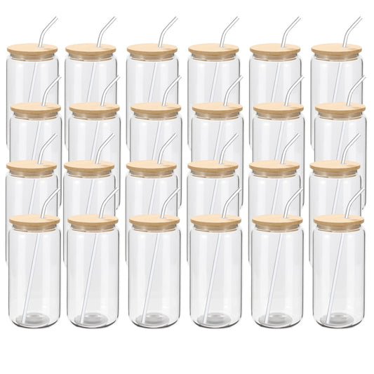 24 Pack Beer Glass Cups with Bamboo Lids and Glass Straws Beer Can Shaped Drinking Glasses Cups 16oz