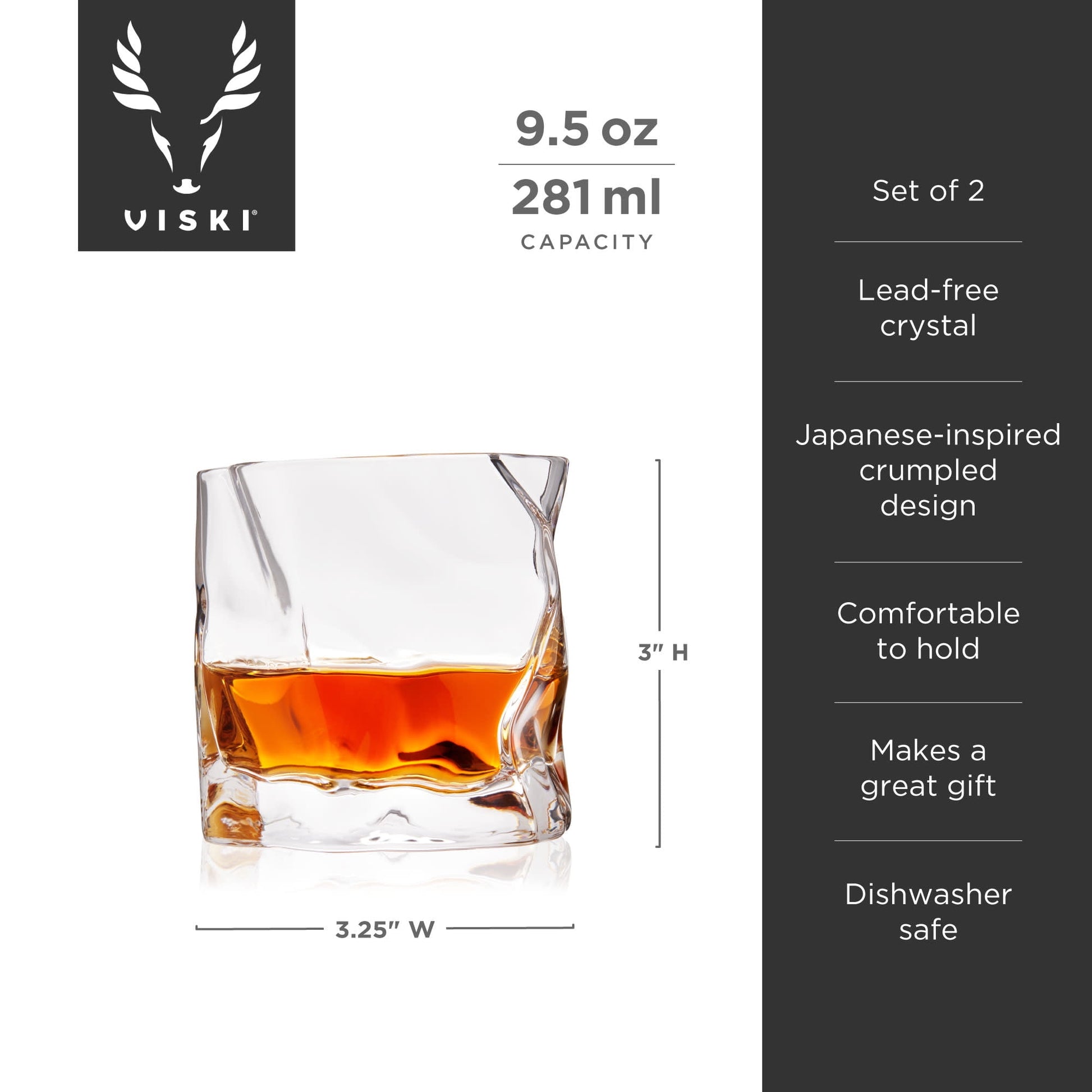Viski Molten Tumblers, Bourbon, Whiskey Glasses, Mens Gifts, 9.5oz Set of 2