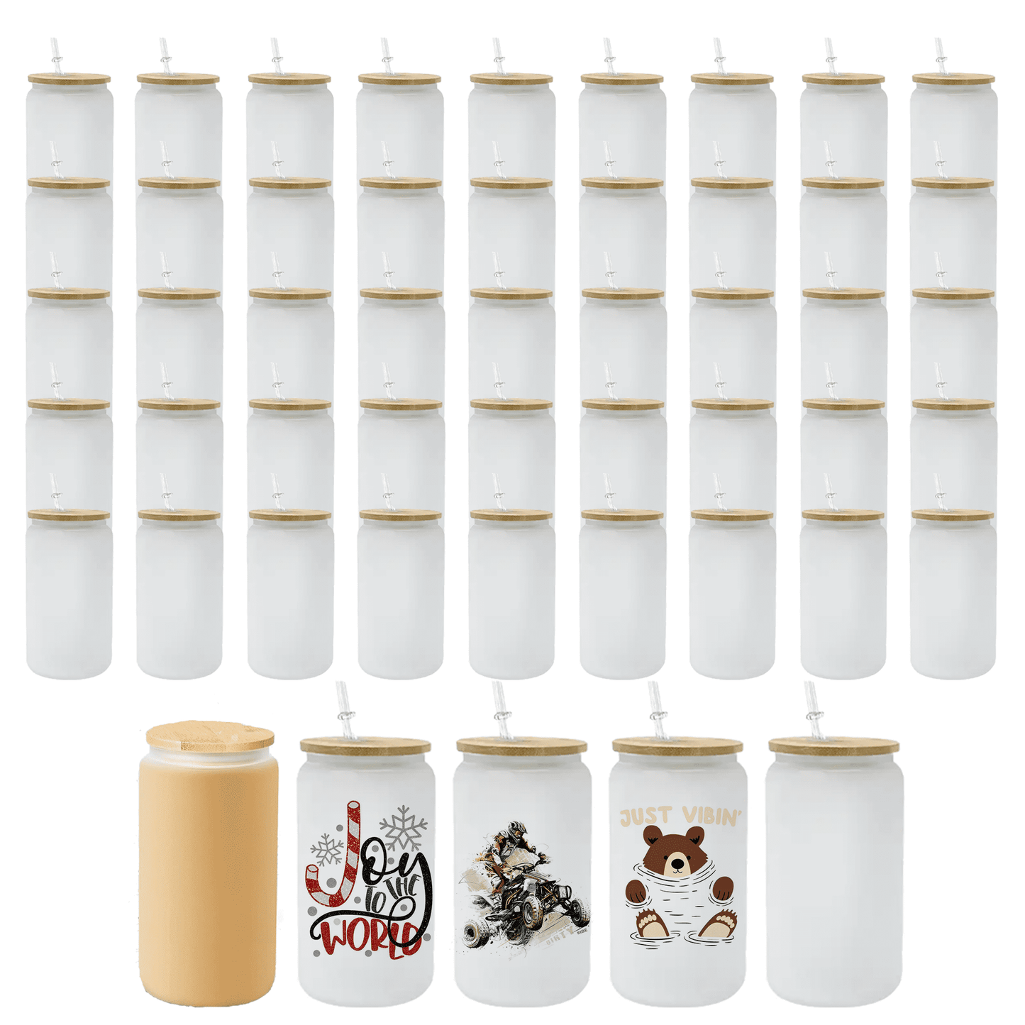 AGH 25 Pack Sublimation Glass Blanks Frosted Cans, 16 OZ Sublimation Tumblers Beer Drinking Cups with Wooden Lid & Plastic Straw, Coffee Cup, Iced Coffee Glasses for Juice, Soda, DIY Gift