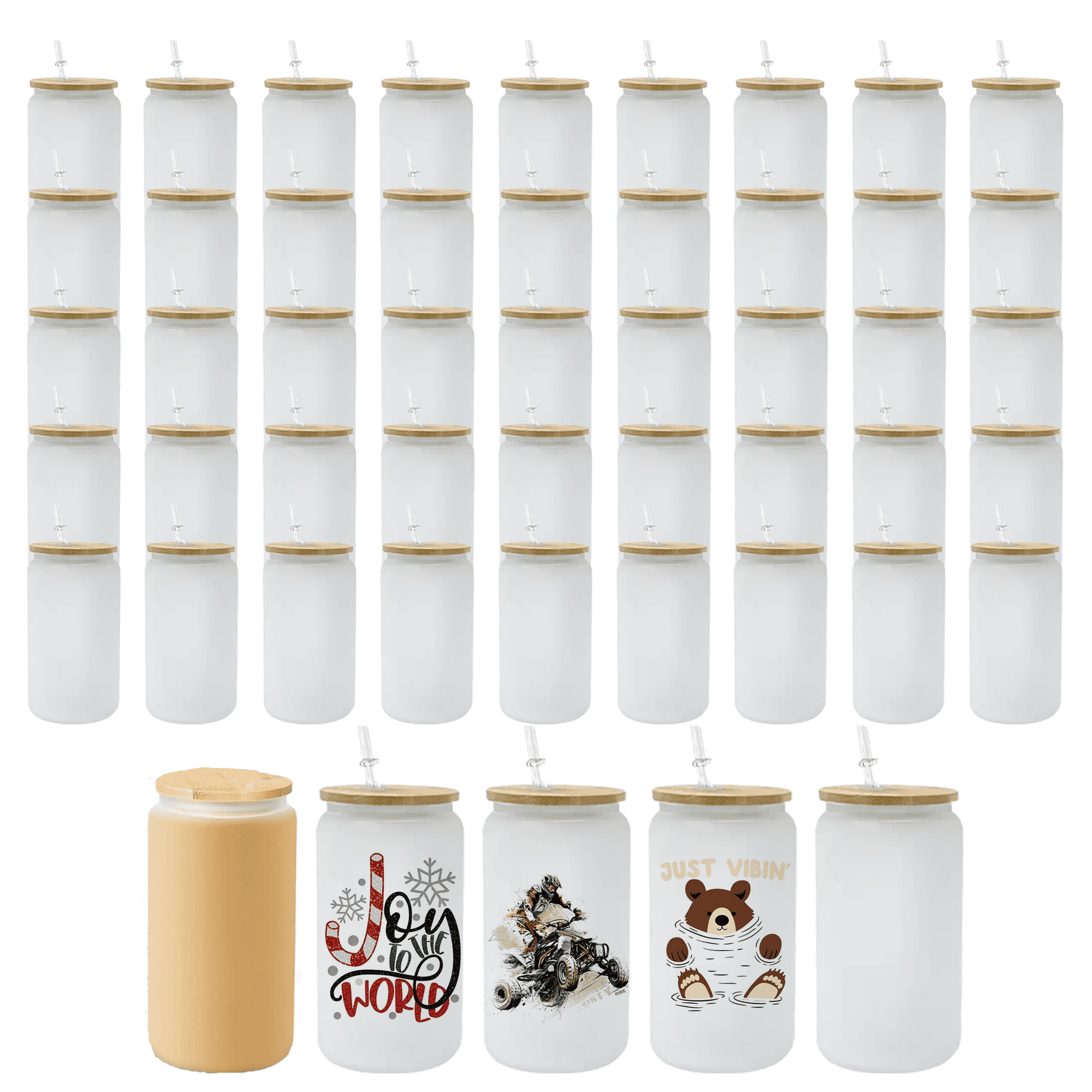 AGH 25 Pack Sublimation Glass Blanks Frosted Cans, 16 OZ Sublimation Tumblers Beer Drinking Cups with Wooden Lid & Plastic Straw, Coffee Cup, Iced Coffee Glasses for Juice, Soda, DIY Gift