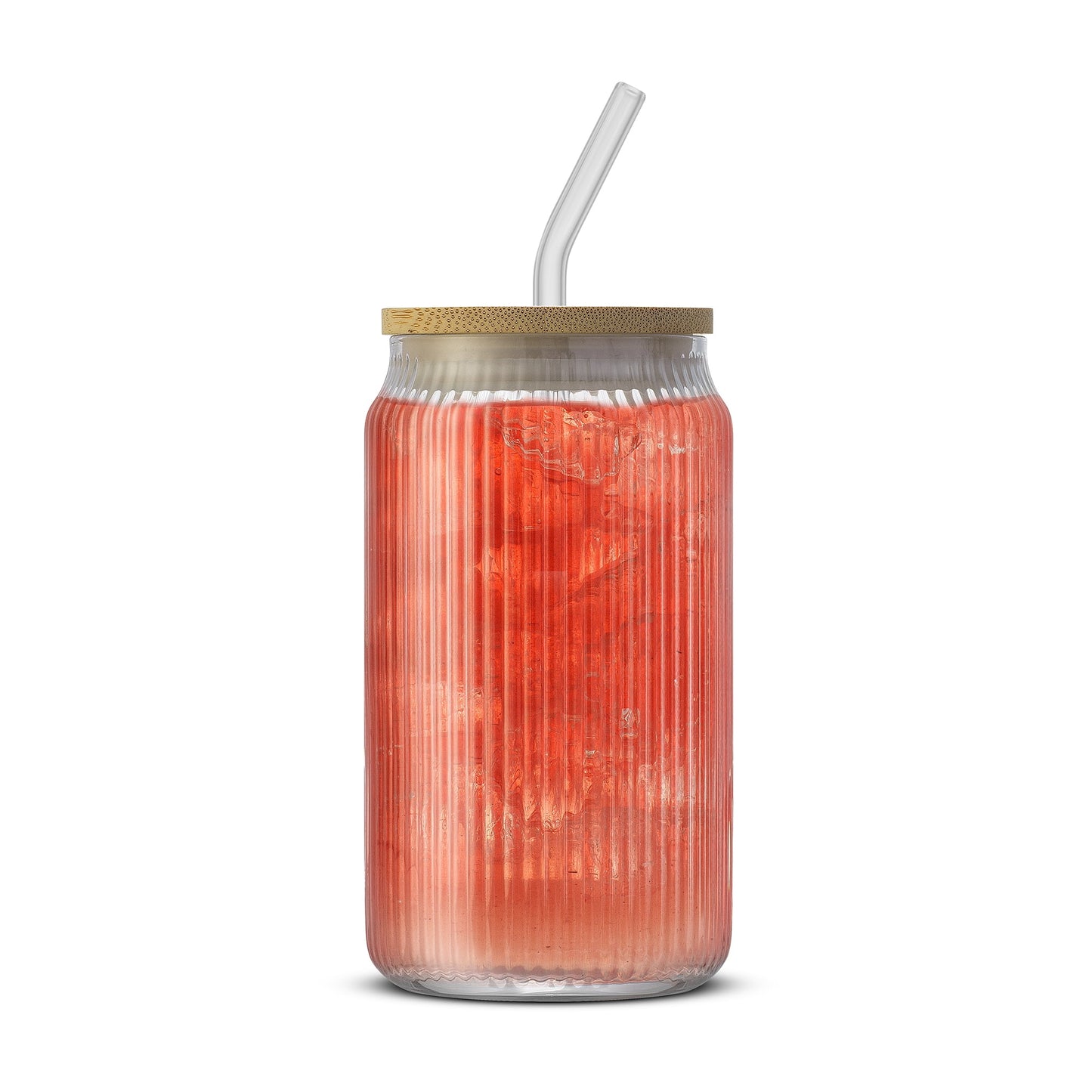 Fluted Glass Tumblers with Bamboo Lids and Straws - 16 oz - Set of 4
