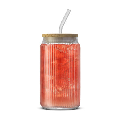 Fluted Glass Tumblers with Bamboo Lids and Straws - 16 oz - Set of 4