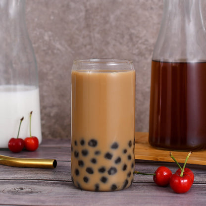 4 Pcs Drinking Glasses  with Bamboo Lids and Stainless Steel Straws - 16 oz Can Shaped Glasses, Lovely Tumbler Cups for Cocktails, Beer, Iced Coffee, Soda, Boba Tea, Including 1 Cleaning Brushe.