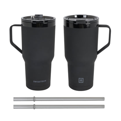 Swiss Tech 30oz black triple wall stainless steel tumbler 2-pack with handle & leakproof lid