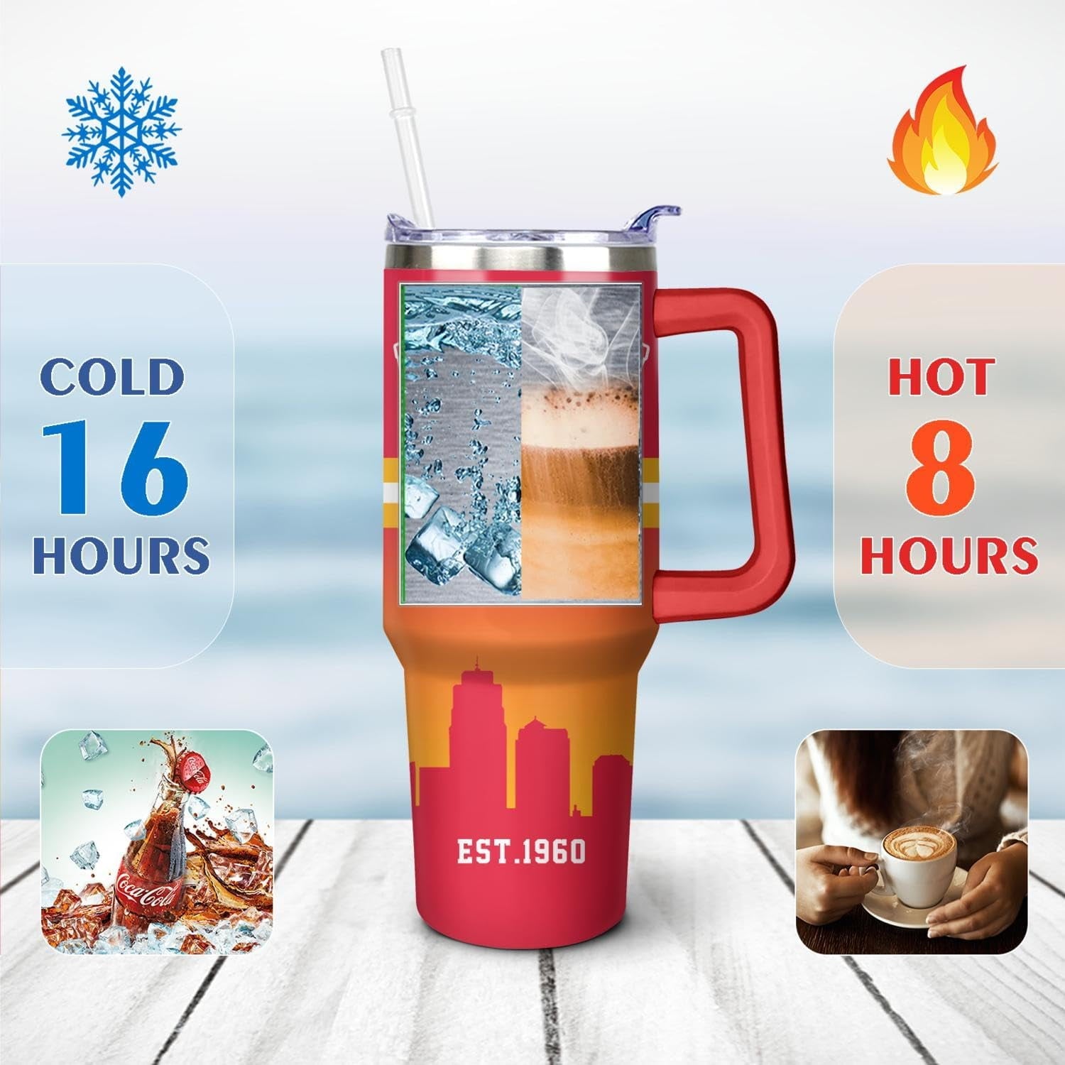 Kansas City 40 OZ Football Tumbler With Handle and Straw – Travel Mug Cup for Fans, Men, Women – Keeps Drinks Cold & Hot