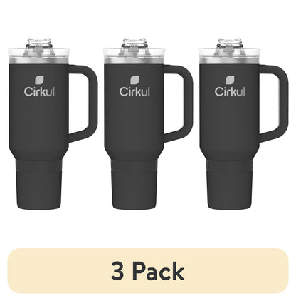 (3 pack) Cirkul 40oz All-Day StrawSip Double-Wall Insulated Stainless Steel Tumbler with Handle, Carbon (Black)