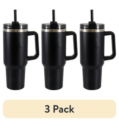 (3 pack) Mainstays 40 oz Stainless Steel Tumbler with Straw and Handle, Double Wall Insulated, Black